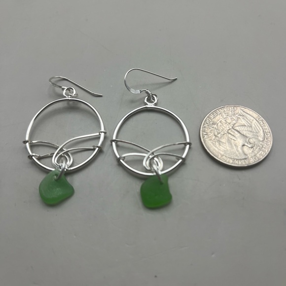 Green Sea Glass Geometric Sterling Silver Earrings - Picture 3 of 5